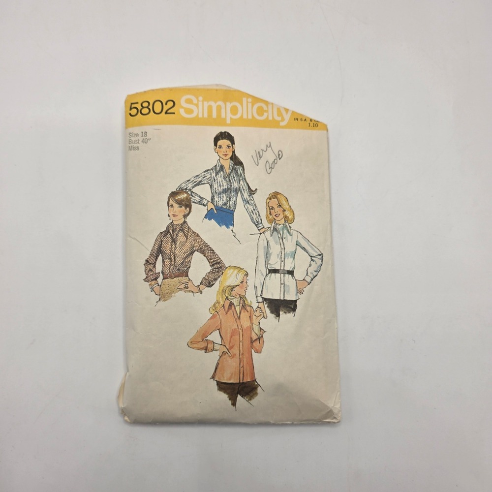 Simplicity 5802‎ Sewing Pattern 70s Misses Shirt Ascot Tie Size 18 Bust 40 Retro